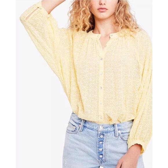 Free People Down From The Clouds Embroidered Eyelet Yellow Oversized Top Size XS - Picture 1 of 9